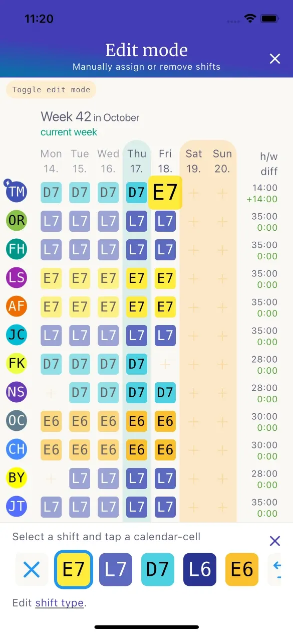Screenshot of shift planning